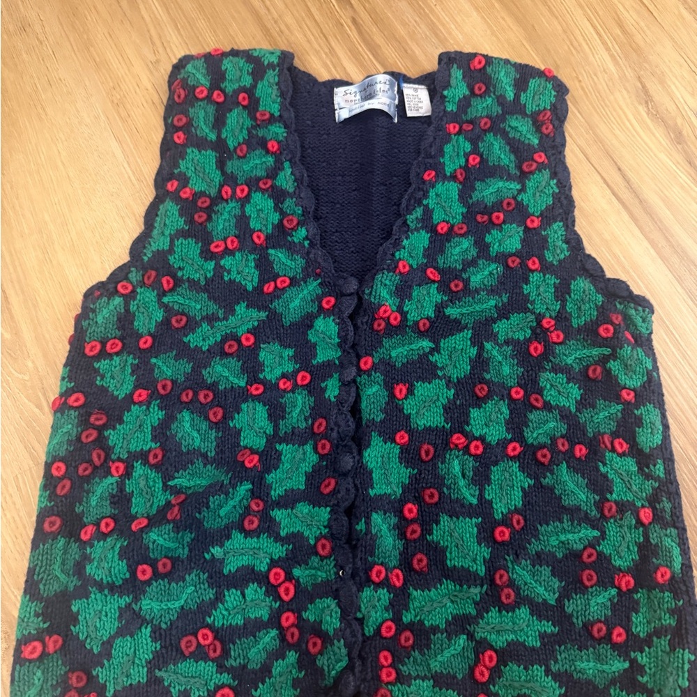 Vintage Christmas Sweater Vest Festive Green and Red Knit Vest